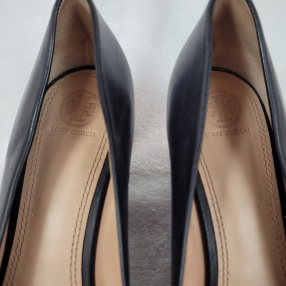 Tory Burch Black Pebble Leather Chelsea Wedge Heels Size 10.5 W peeptoe - Picture 11 of 11